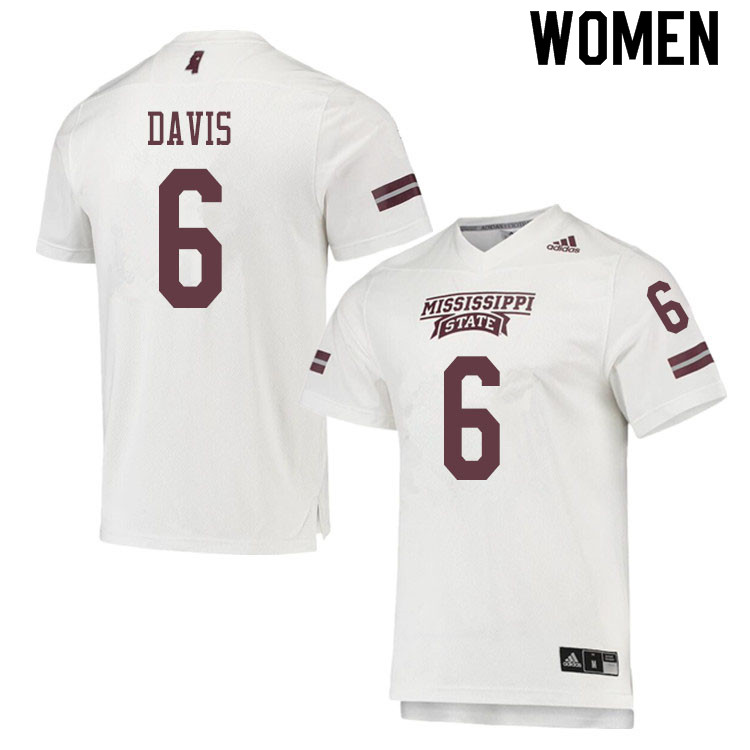 Women #6 Jordan Davis Mississippi State Bulldogs College Football Jerseys Sale-White - Click Image to Close